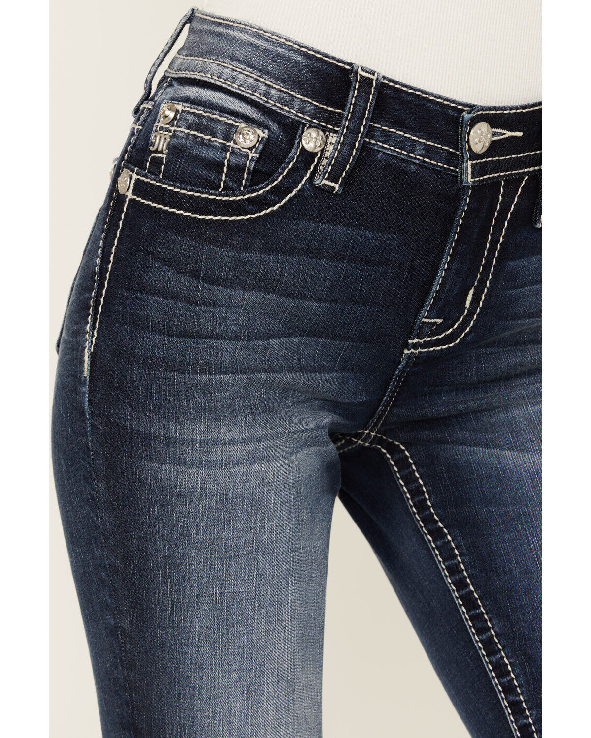 Image #4 - Miss Me Women's Dark Wash Mid Rise Floral Longhorn Pocket Bootcut Stretch Denim Jeans, , hi-res