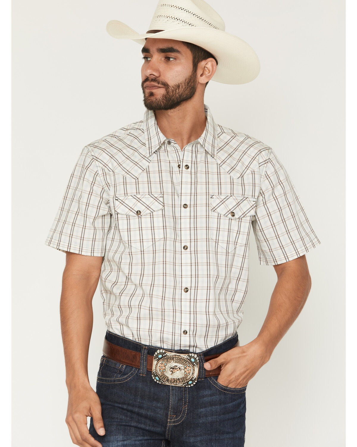 Image #1 - Gibson Trading Co Men's Southern Trail Plaid Print Short Sleeve Snap Western Shirt, Cream, hi-res