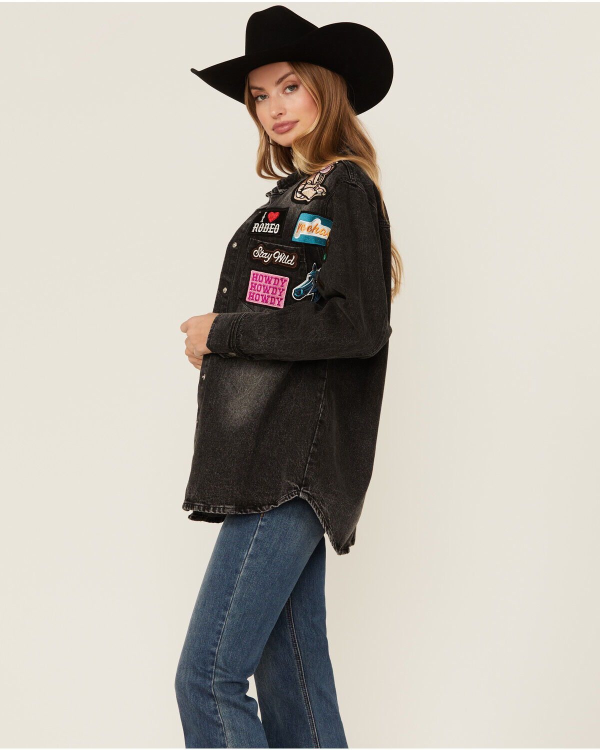 Image #2 - Blue B Women's Dark Wash Western Patchwork Snap Shacket, Charcoal, hi-res