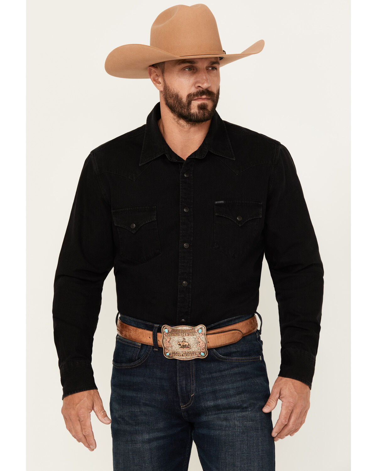 Image #1 - Rock & Roll Denim Men's Denim Long Sleeve Snap Western Shirt, Black, hi-res