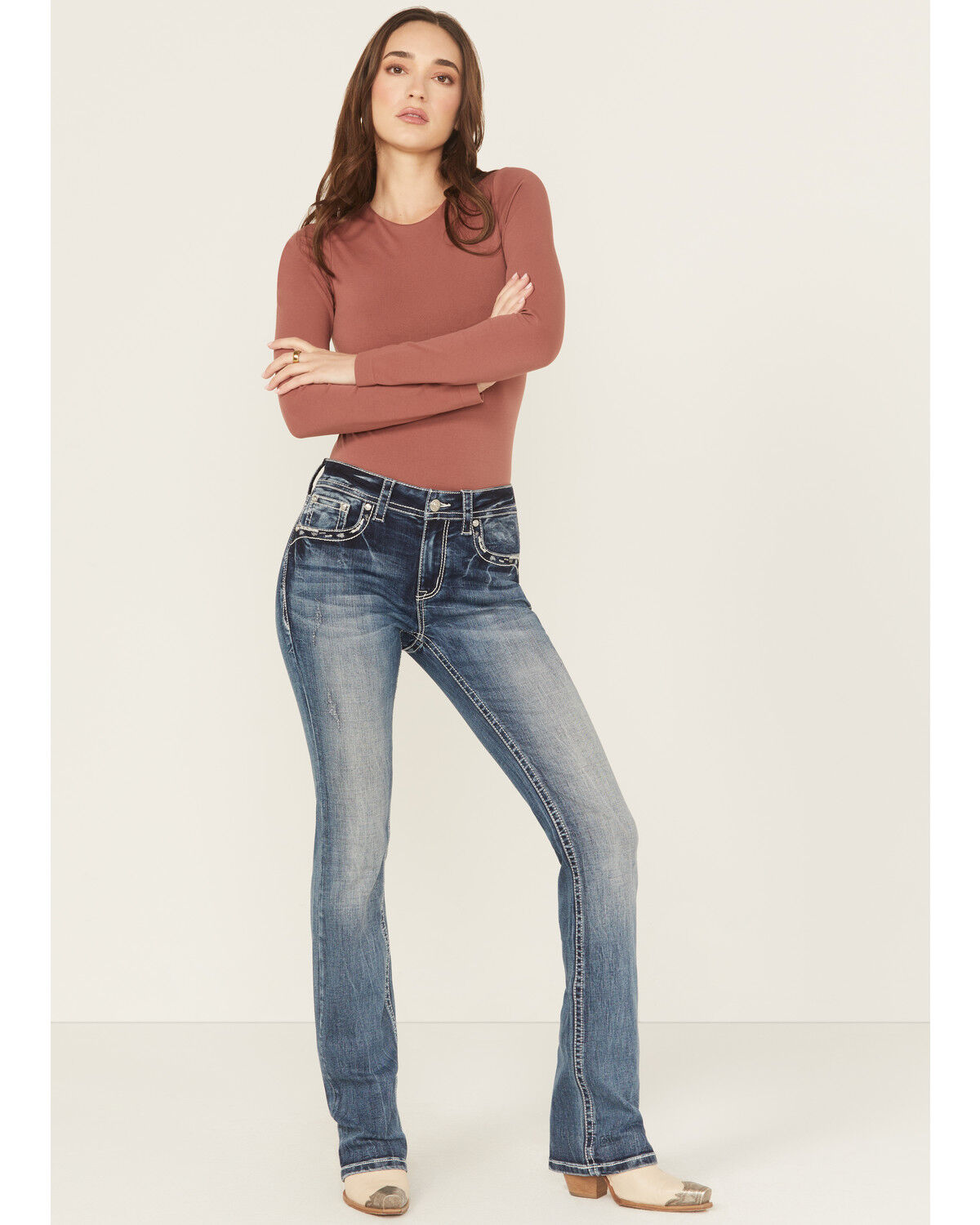 Image #3 - Grace In LA Women's Medium Wash Mid Rise Embroidered Cross Bootcut Stretch Denim Jeans, Medium Wash, hi-res