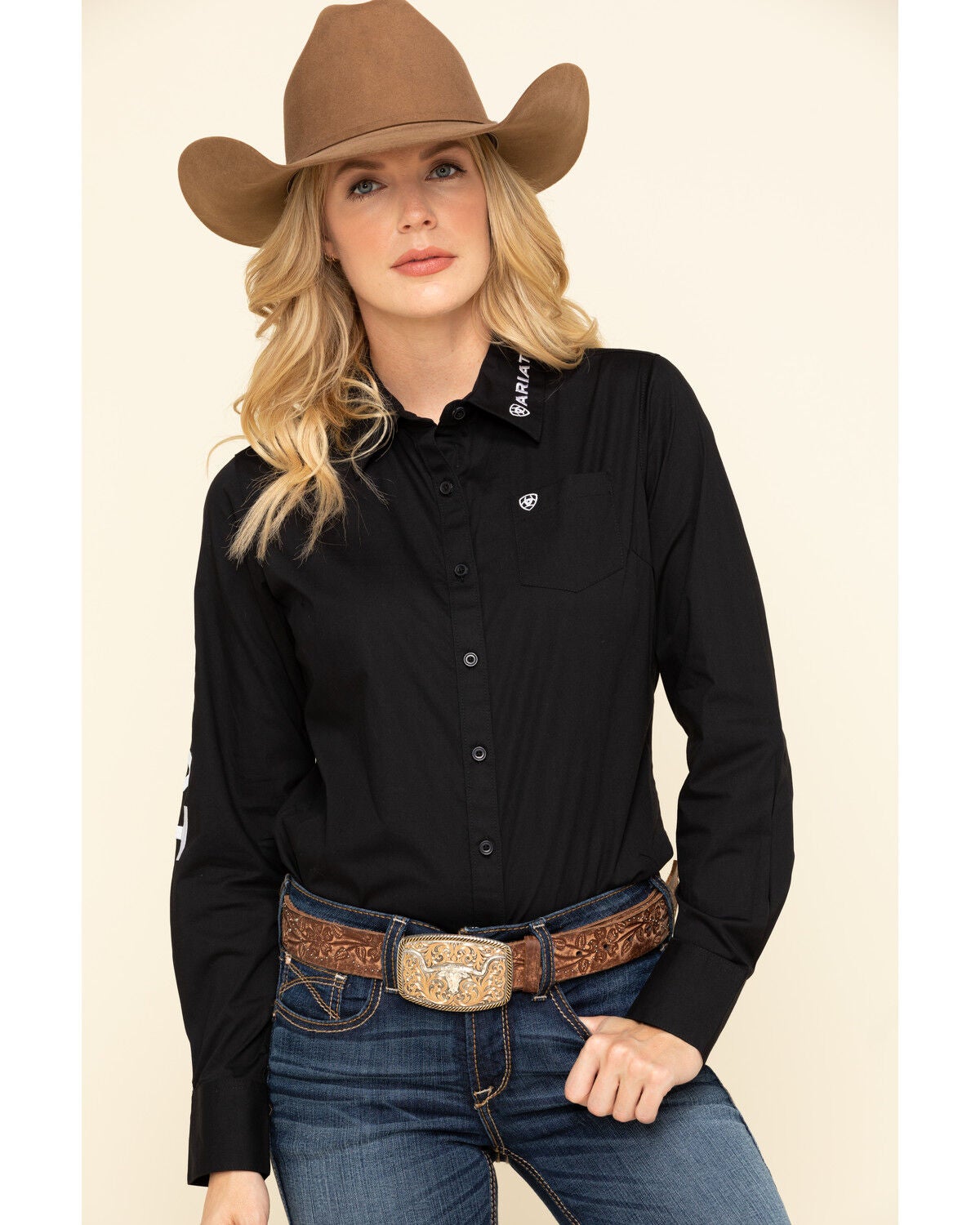 Ariat Women's Team Kirby Stretch Logo Long Sleeve Shirt, Black, hi-res