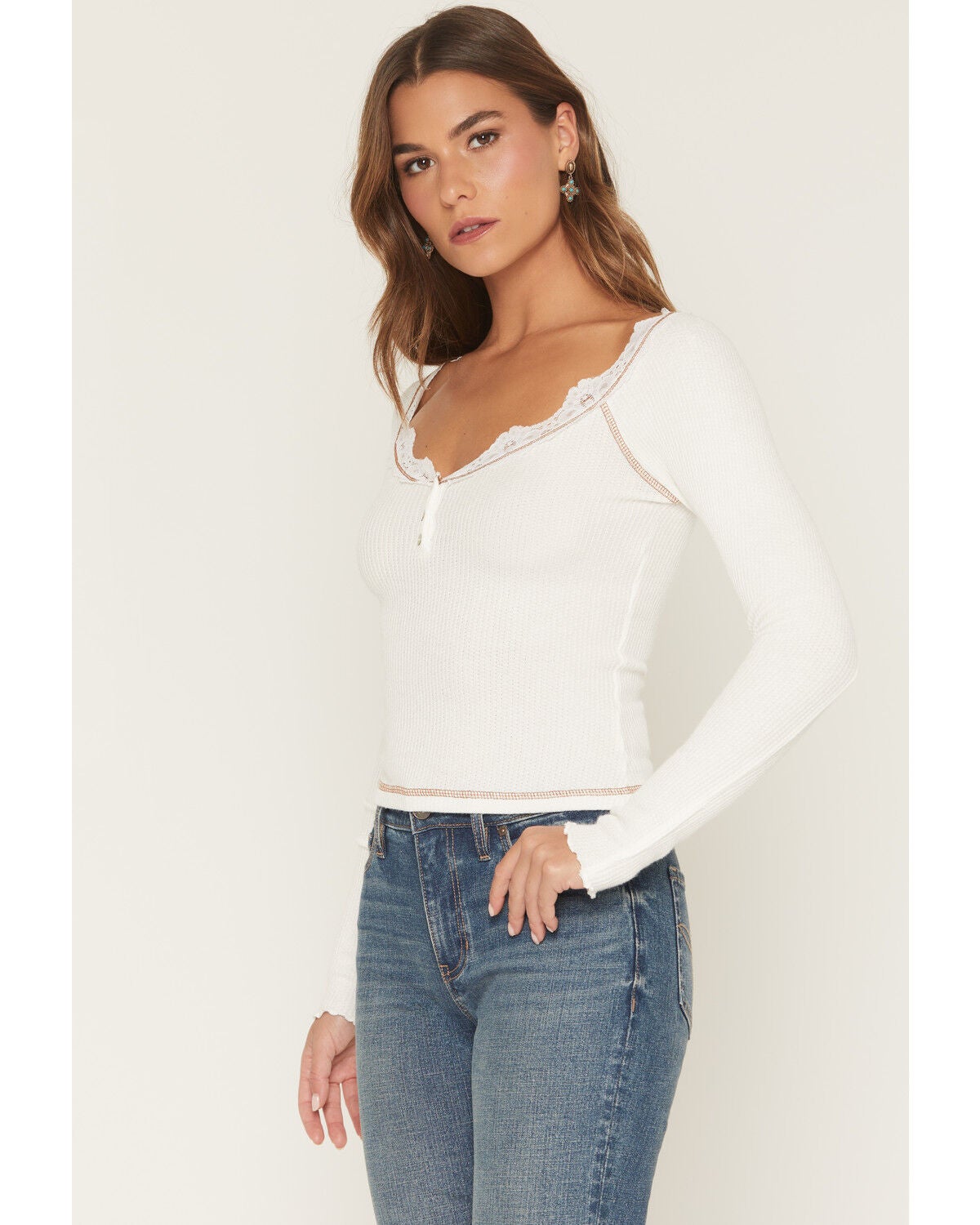 Image #1 - Wild Moss Women's Contrast Stitch Lace Long Sleeve Top, Cream, hi-res