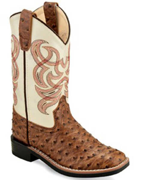 Old West Boys' Ostrich Print Western Boots - Broad Square Toe, White, hi-res