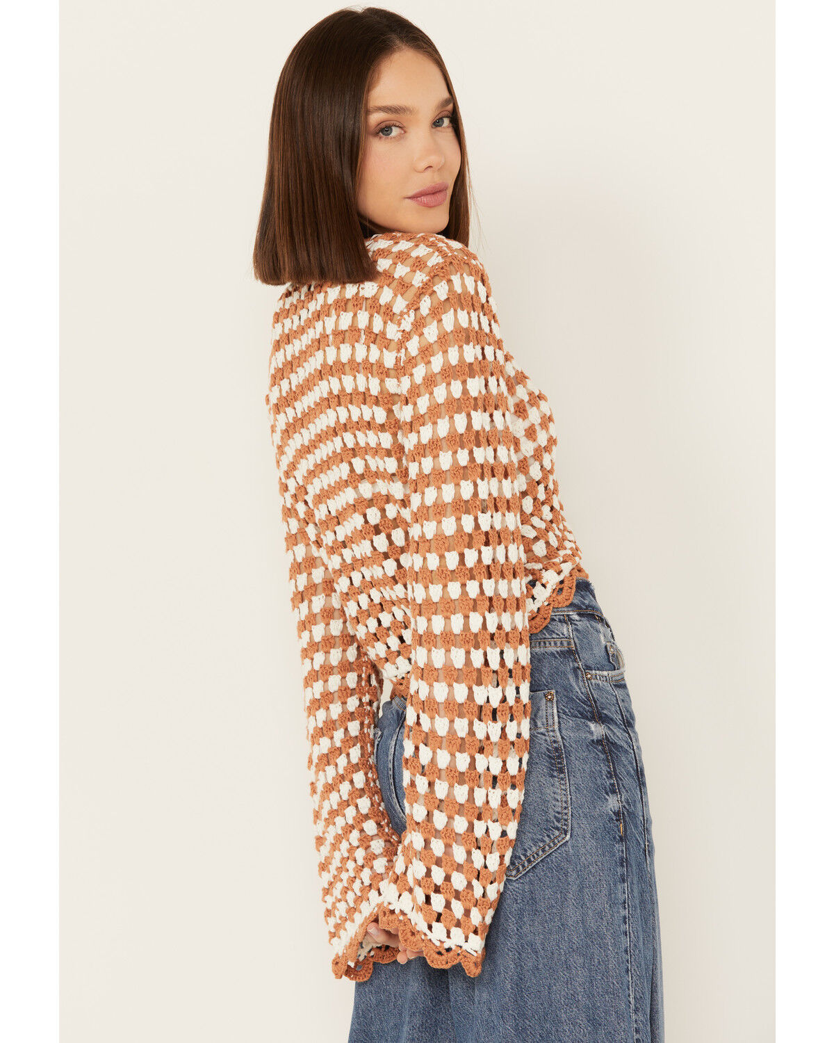 Image #4 - Rock & Roll Denim Women's Crochet Tie Front Long Sleeve Top, Tan, hi-res
