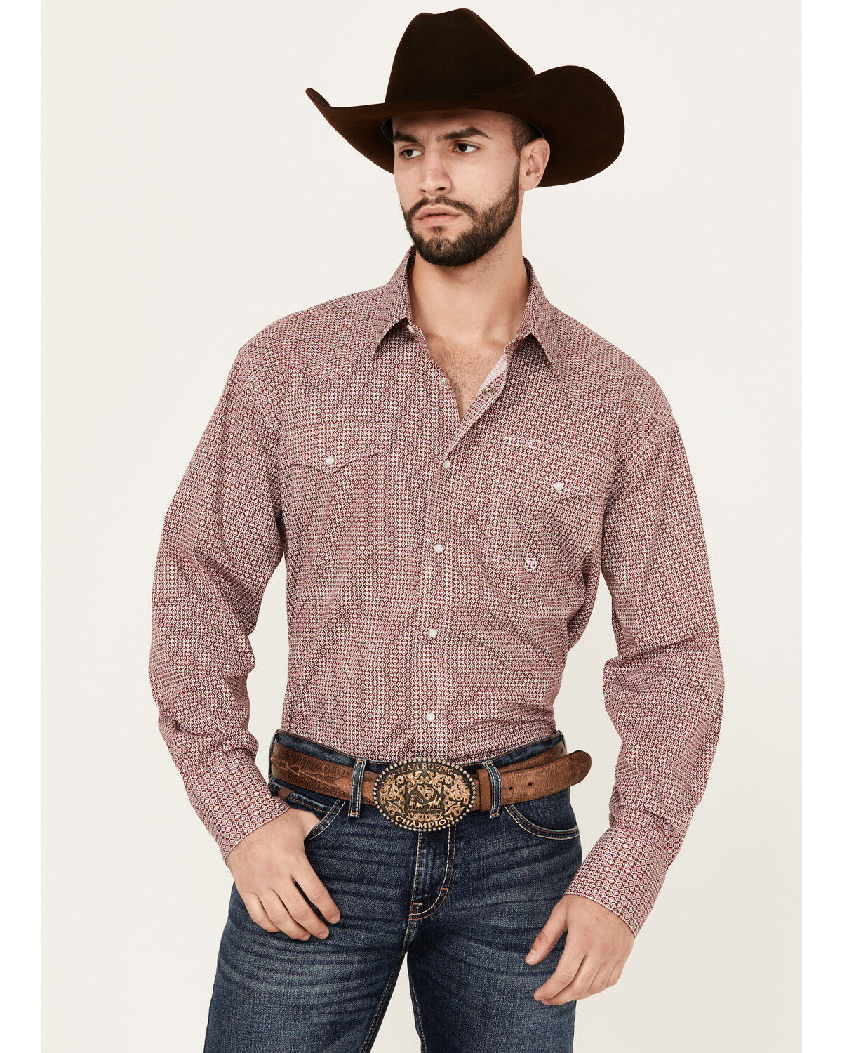 Image #1 - Roper Men's Amarillo Geo Print Long Sleeve Snap Stretch Western Shirt, Burgundy, hi-res