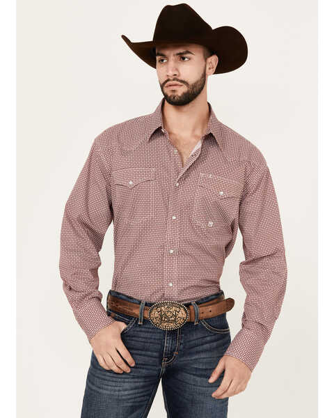 Image #1 - Roper Men's Amarillo Geo Print Long Sleeve Snap Stretch Western Shirt , Burgundy, hi-res