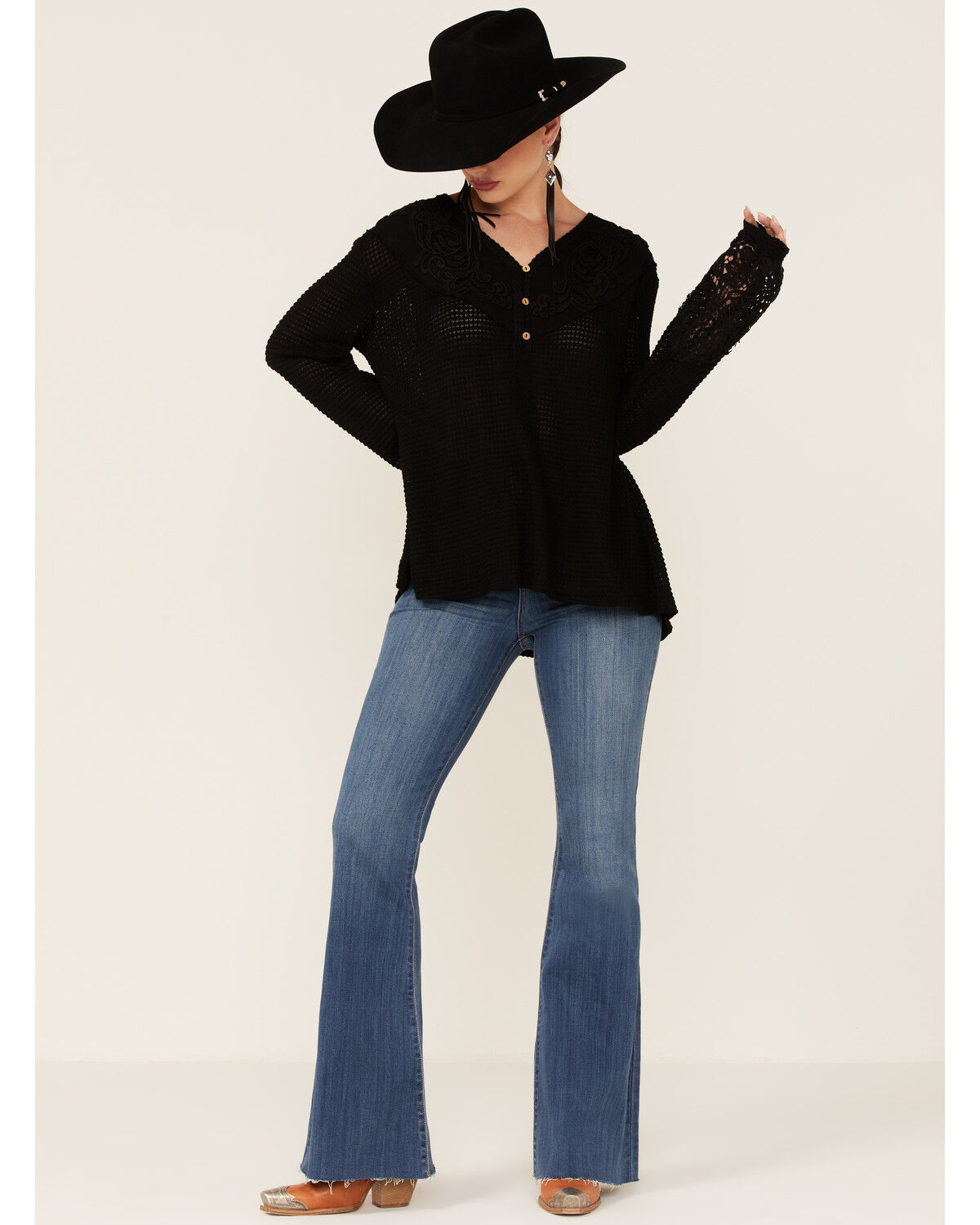 Image #4 - Miss Me Women's Crochet Yoke Bell Sleeve Top, , hi-res