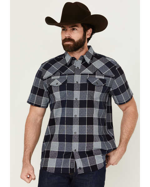 Moonshine Spirit Men's Collide Plaid Print Short Sleeve Snap Western Shirt , Blue, hi-res