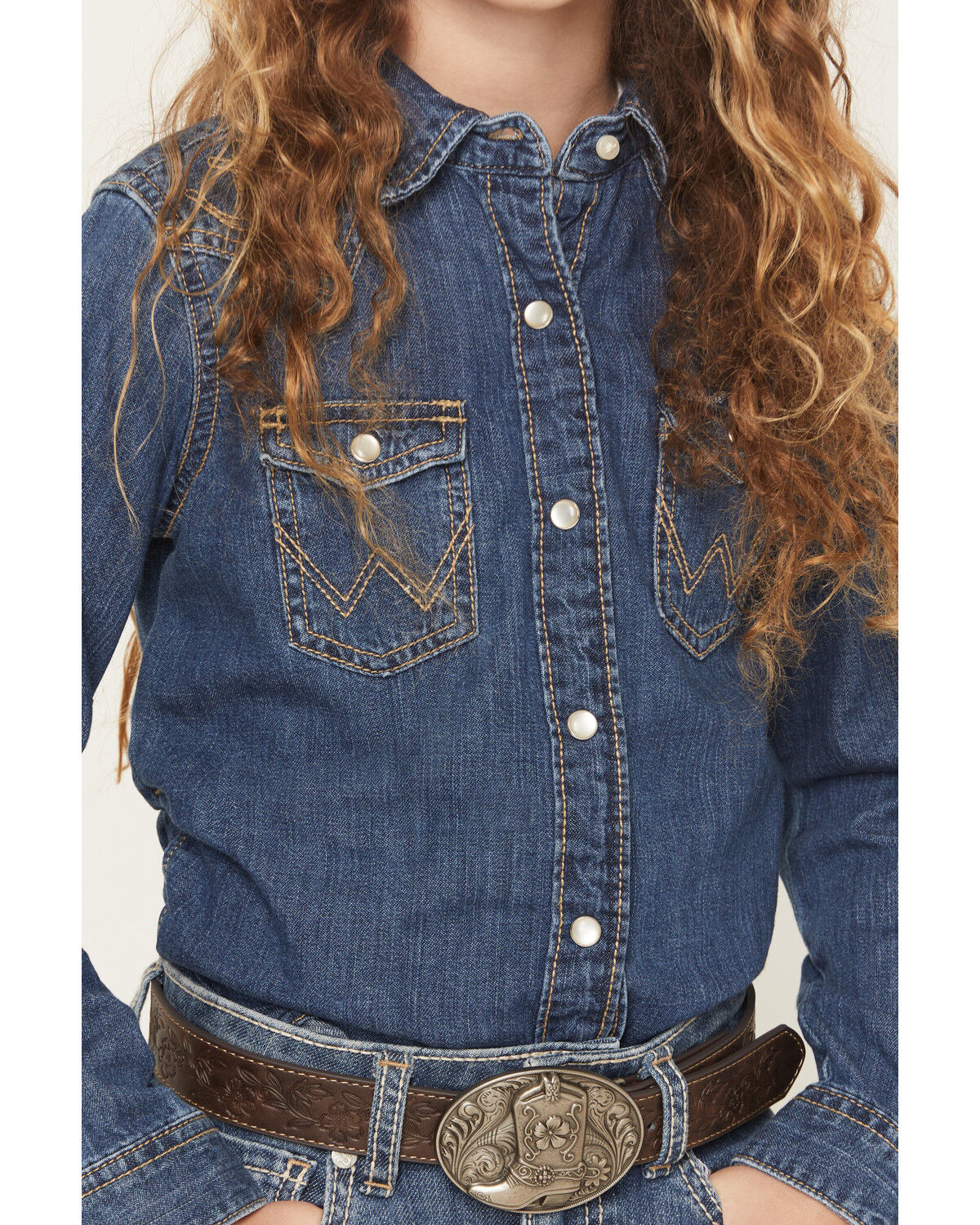 Image #3 - Wrangler Girls' Embroidered Denim Long Sleeve Pearl Snap Western Shirt, Blue, hi-res