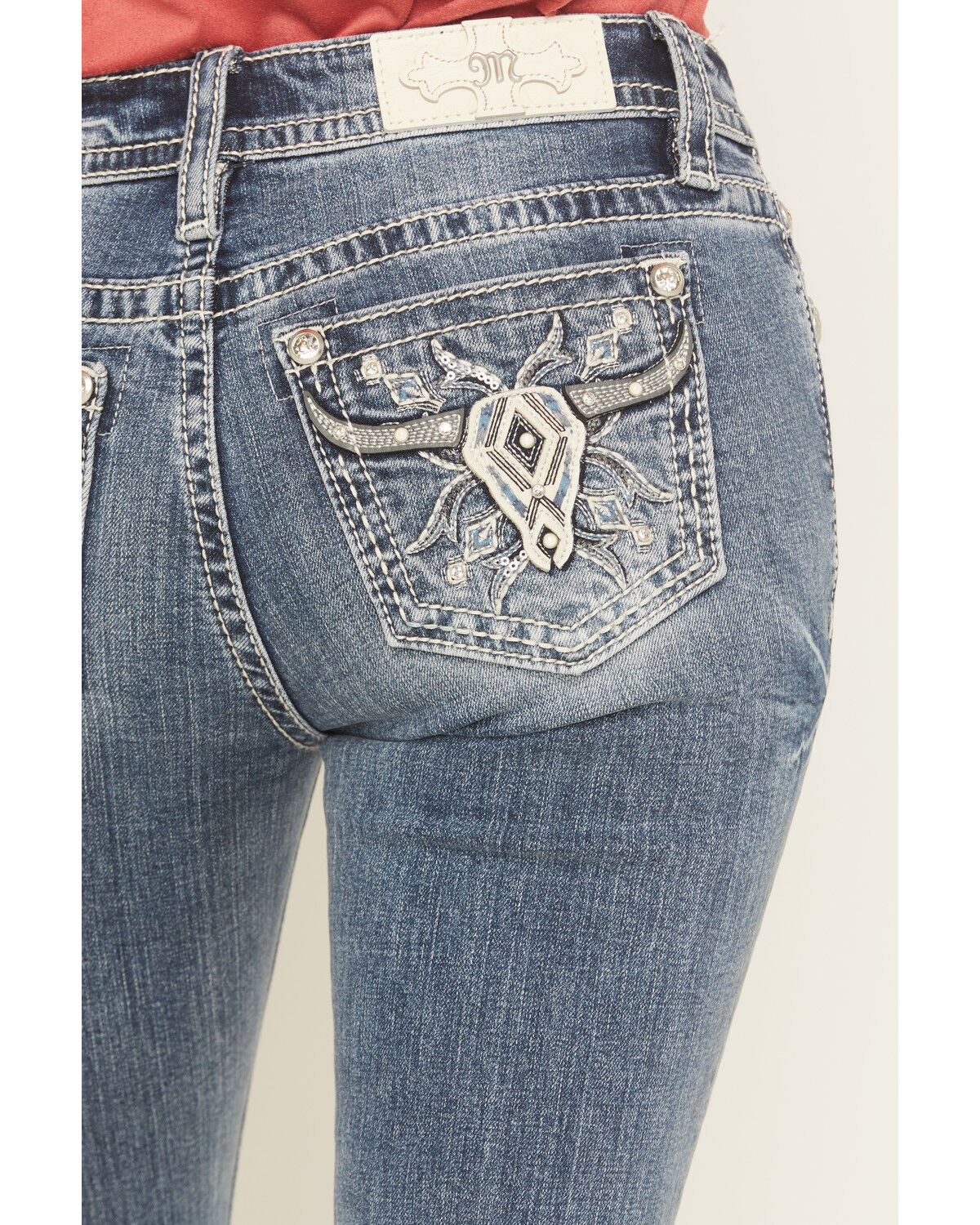 Image #2 - Miss Me Women's Medium Wash Mid Rise Cow Skull Pocket Bootcut Stretch Denim Jeans, Medium Wash, hi-res