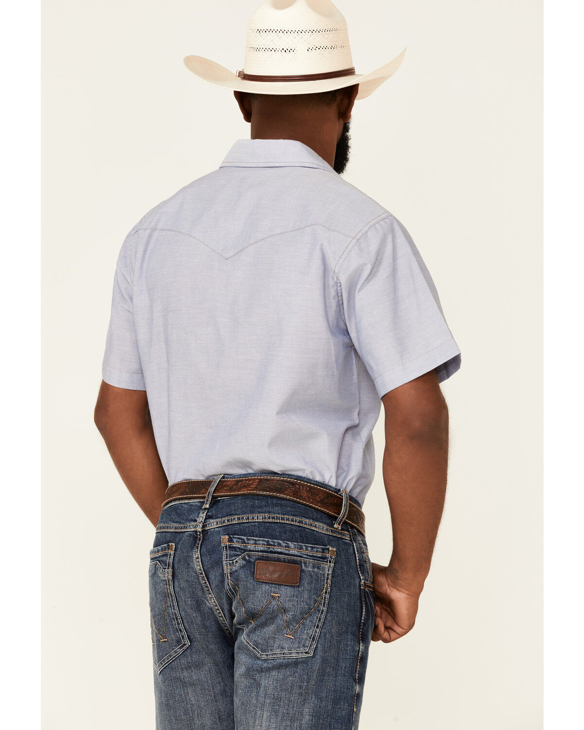 Image #4 - Wrangler Men's Chambray Rigid Cowboy Cut Short Sleeve Pearl Snap Work Shirt, Blue, hi-res