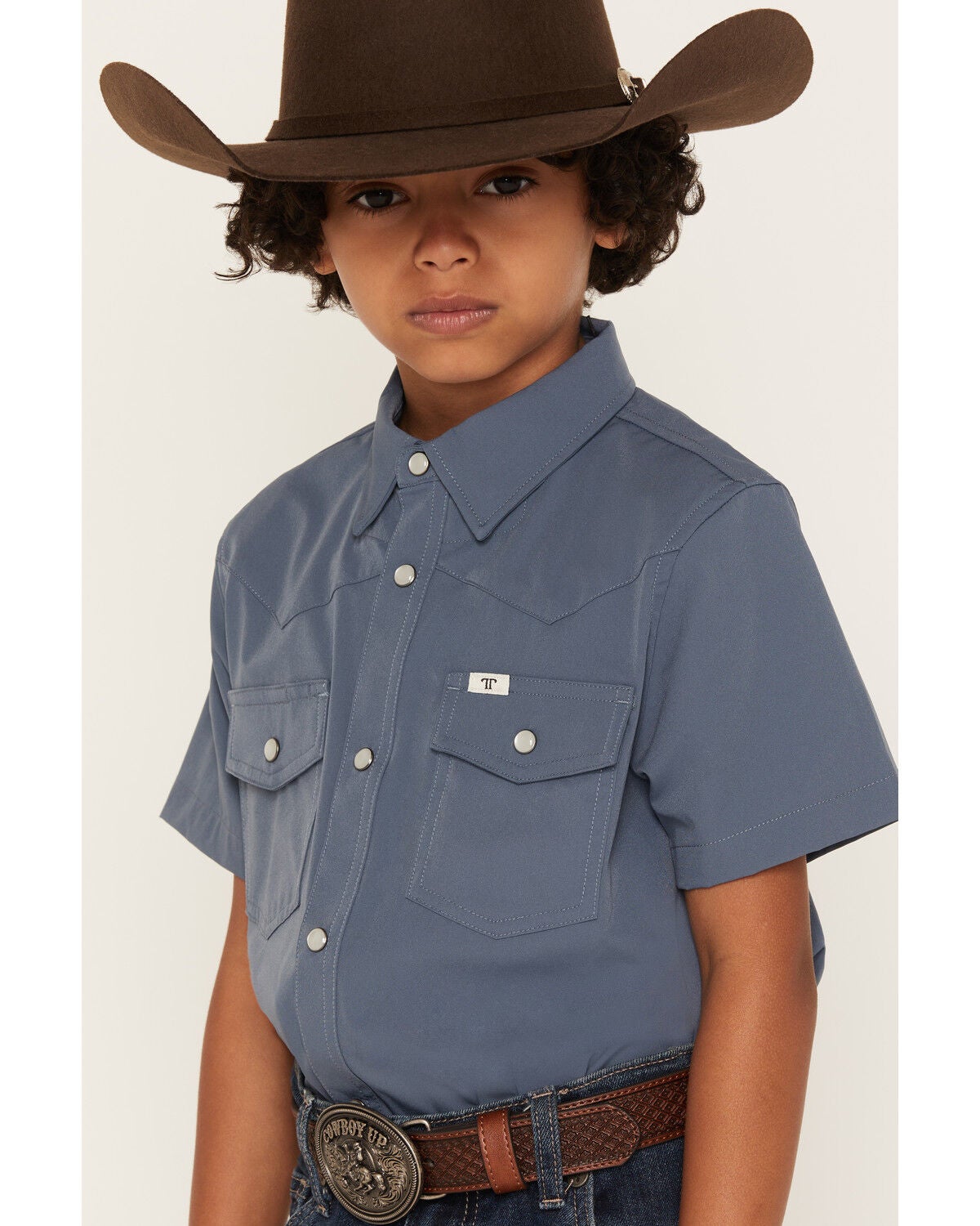Image #2 - Ferrell Boys' Core Tek Solid Short Sleeve Pearl Snap Performance Western Shirt, Blue, hi-res