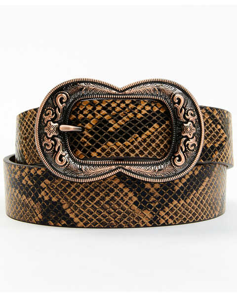 Shyanne Women's Double Loop Snake Print Belt, Brown, hi-res