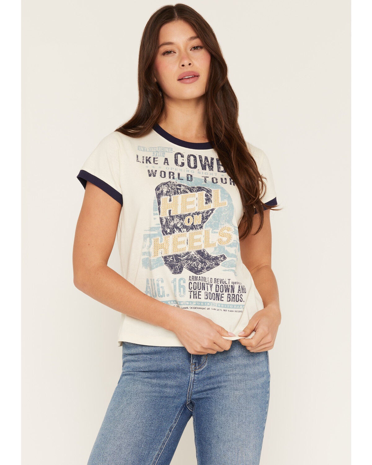 Idyllwind Women's Hell On Heels Short Sleeve Ringer Tee, Cream, hi-res