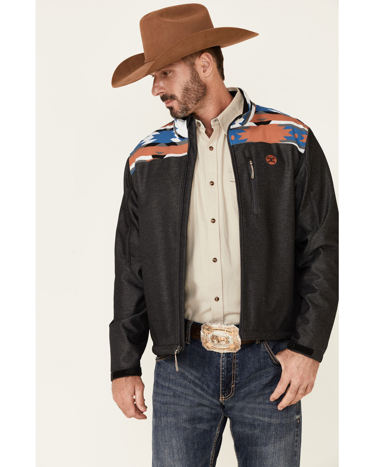 Image #1 - Hooey Men's Southwestern Print Zip-Front Softshell Jacket, Charcoal, hi-res