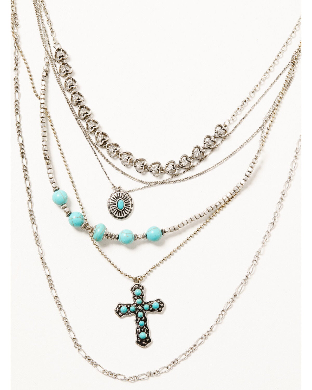 Shyanne Women's Silver & Turquoise 6-layer Cross Necklace, Silver, hi-res