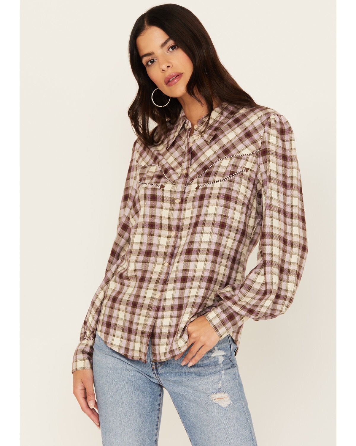 Shyanne Women's Plaid Print Long Sleeve Button-Down Western Shirt, Cream, hi-res