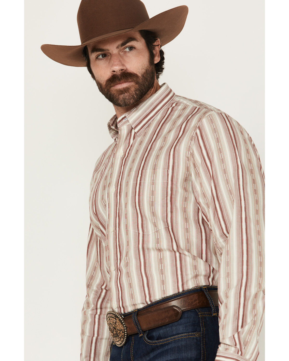 Image #2 - Wrangler X Cody Johnson Men's Striped Long Sleeve Button-Down Western Shirt, Burgundy, hi-res
