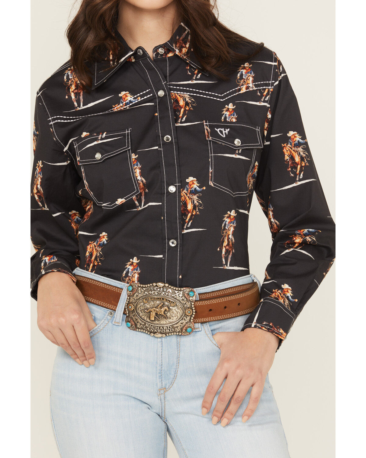 Image #3 - Cowgirl Hardware Women's Cowgirl Conversation Print Long Sleeve Snap Stretch Western Shirt, Black, hi-res