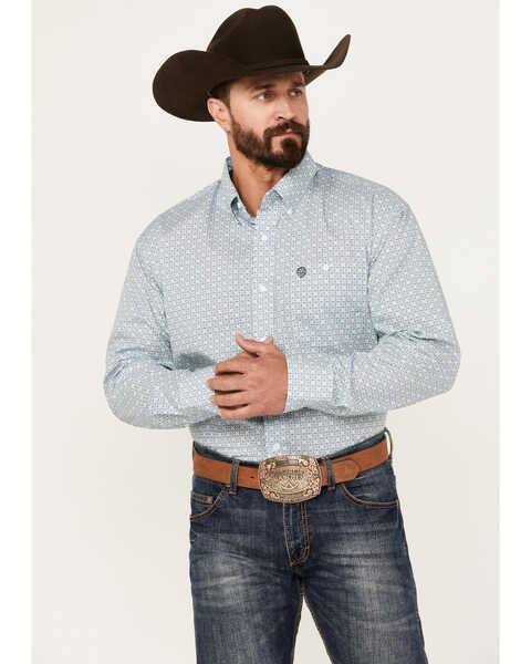 Image #1 - George Strait by Wrangler Men's Geo Print Long Sleeve Button-Down Western Shirt, Blue, hi-res