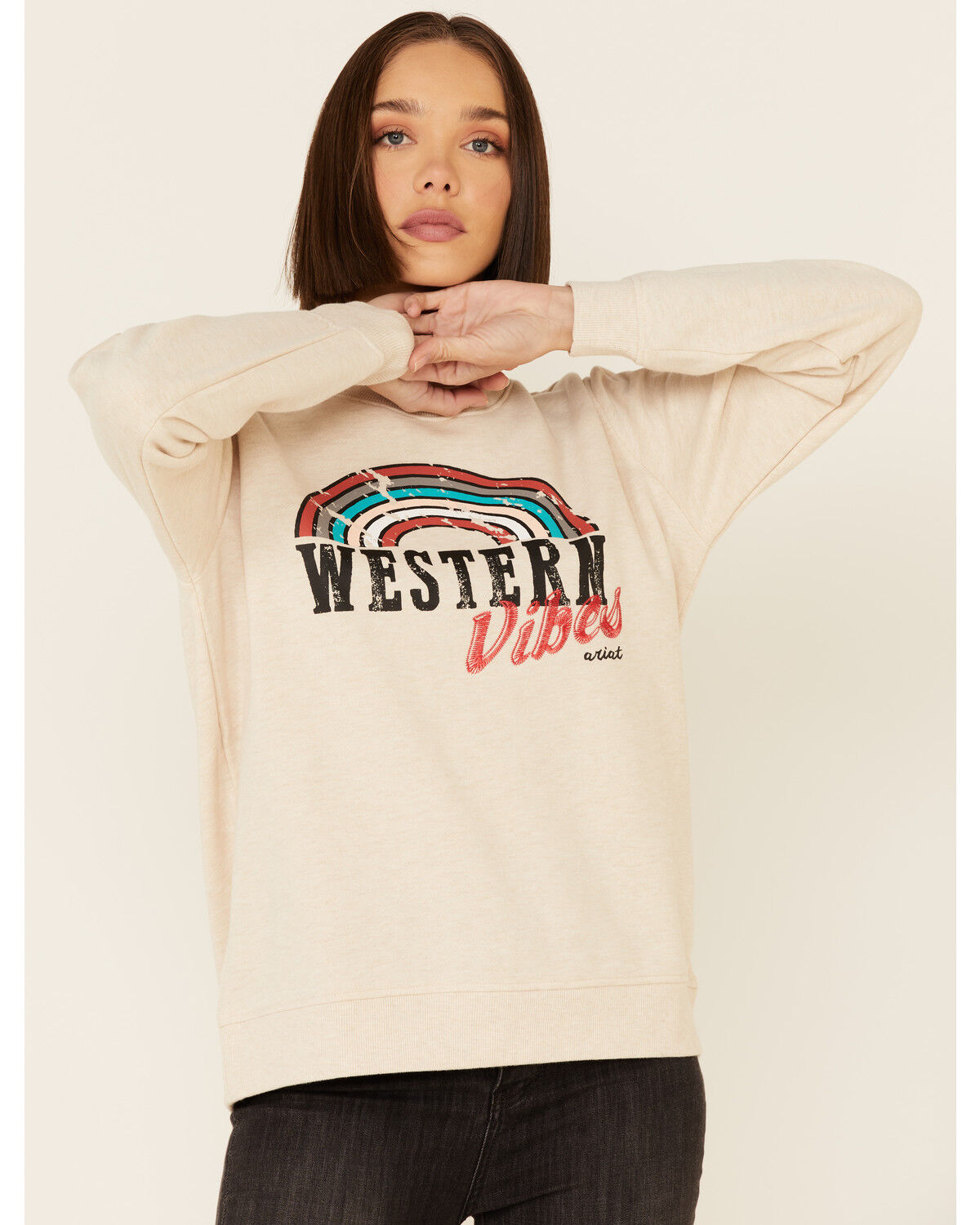 Image #1 - Ariat Women's Heather Oatmeal Western Vibes Graphic Long Sleeve Top, Oatmeal, hi-res