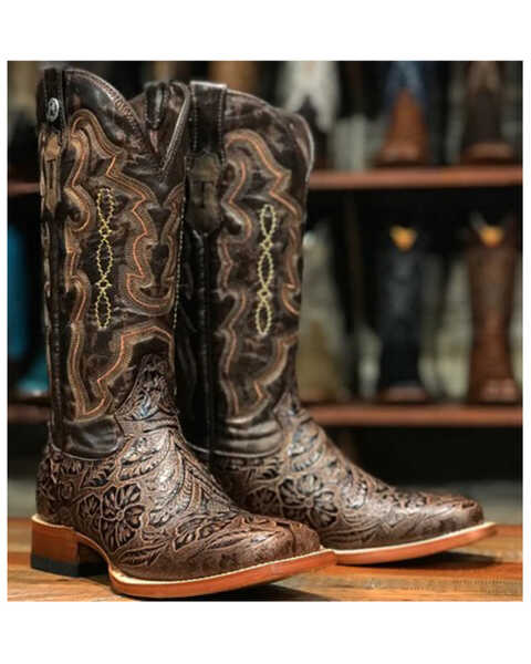 Image #1 - Tanner Women's Hand Tooled Floral Western Boots - Broad Square Toe , Brown, hi-res