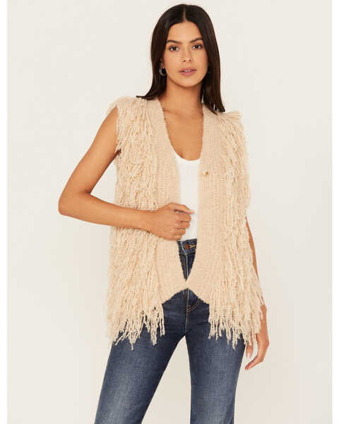 Mystree Women's Knit Fringe Sweater Vest, Cream, hi-res