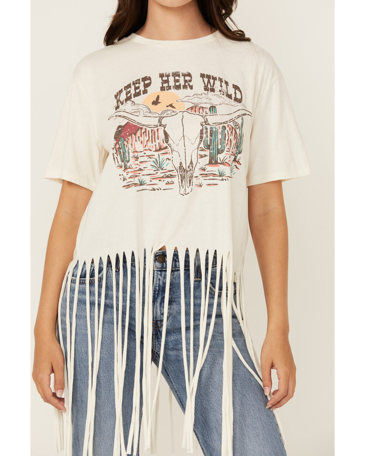 Image #3 - Rock & Roll Denim Women's Keep Her Wild Short Sleeve Fringe Graphic Tee, Cream, hi-res