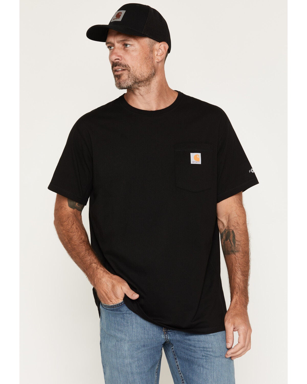 Carhartt Men's Force&reg; Relaxed Midweight Logo Pocket Short Sleeve Work T-Shirt, Black, hi-res