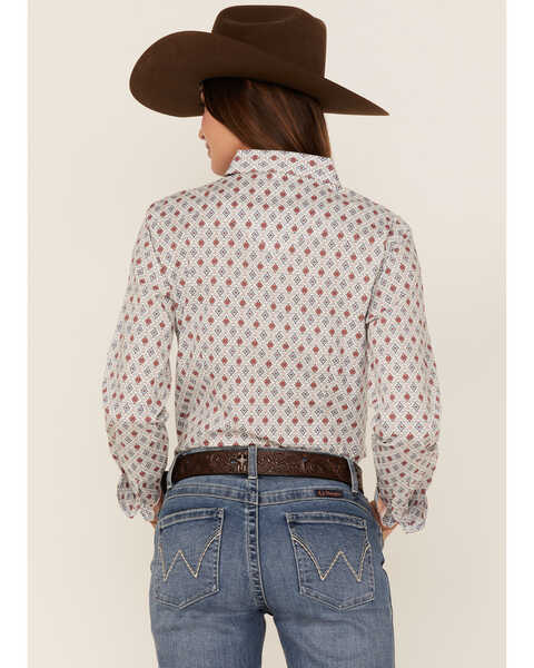 Rough Stock by Panhandle Women's Diamond Geo Print Long Sleeve Pearl Snap Western Shirt, Ivory, hi-res