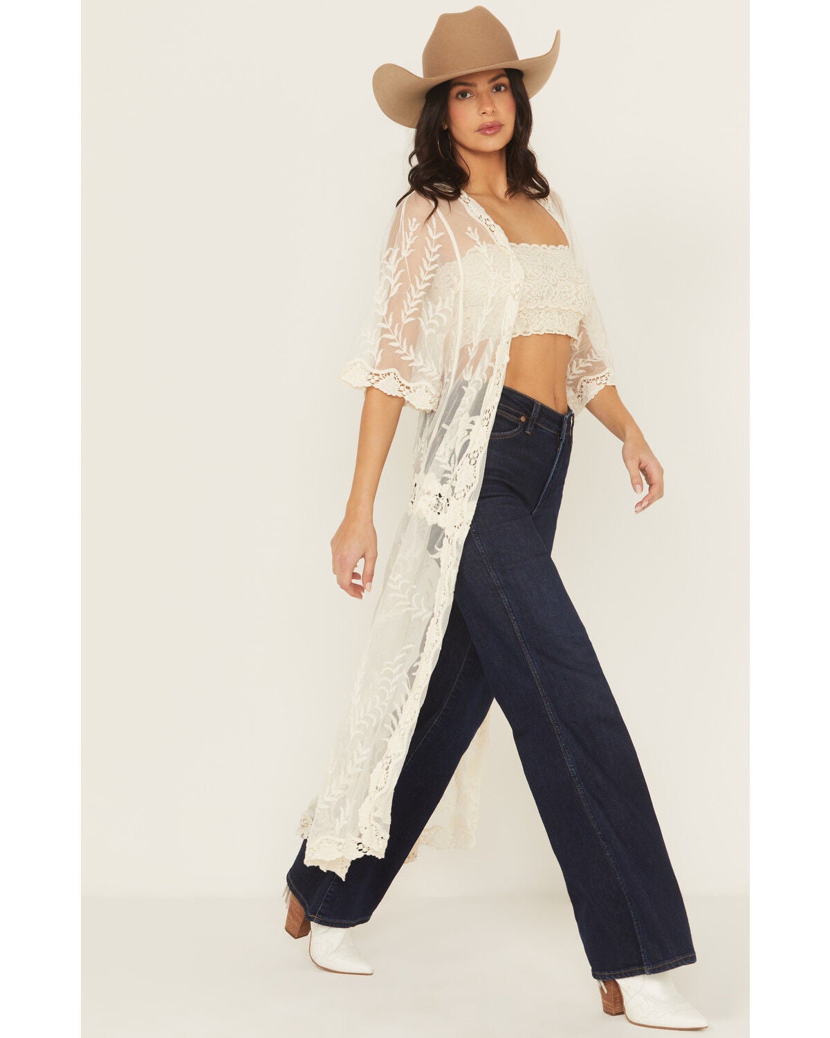 Shyanne Women's Long Embroidered Mesh Kimono, Cream, hi-res