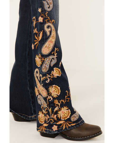 Image #2 - Grace In LA Girls' Dark Wash Mid Rise Paisley Embroidered Flare Jeans, Dark Wash, hi-res