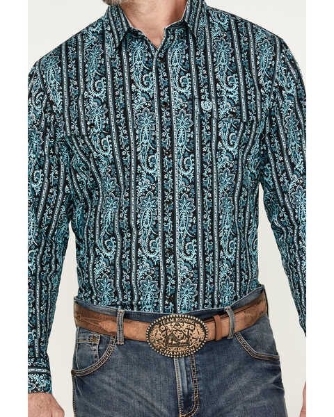 Image #3 - Panhandle Select Men's Paisley Striped Print Long Sleeve Western Snap Shirt, Turquoise, hi-res