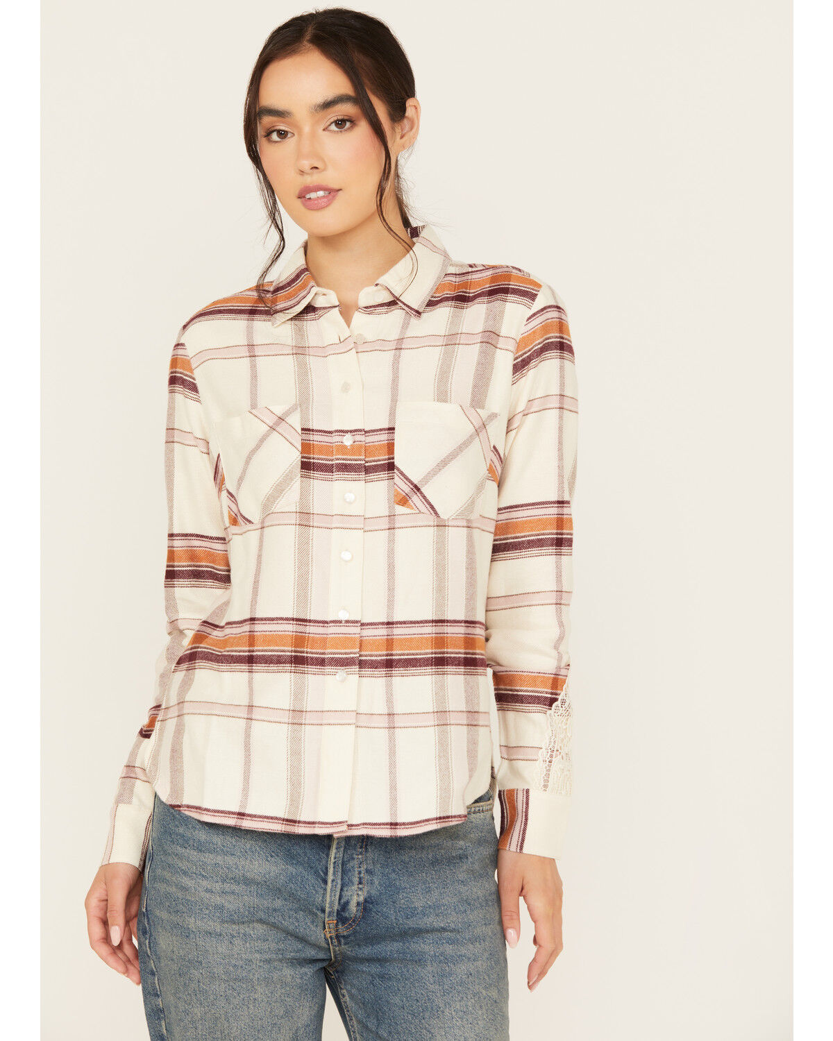 Image #2 - Shyanne Women's Lace Applique Plaid Print Button-Down Flannel Shirt, Cream, hi-res