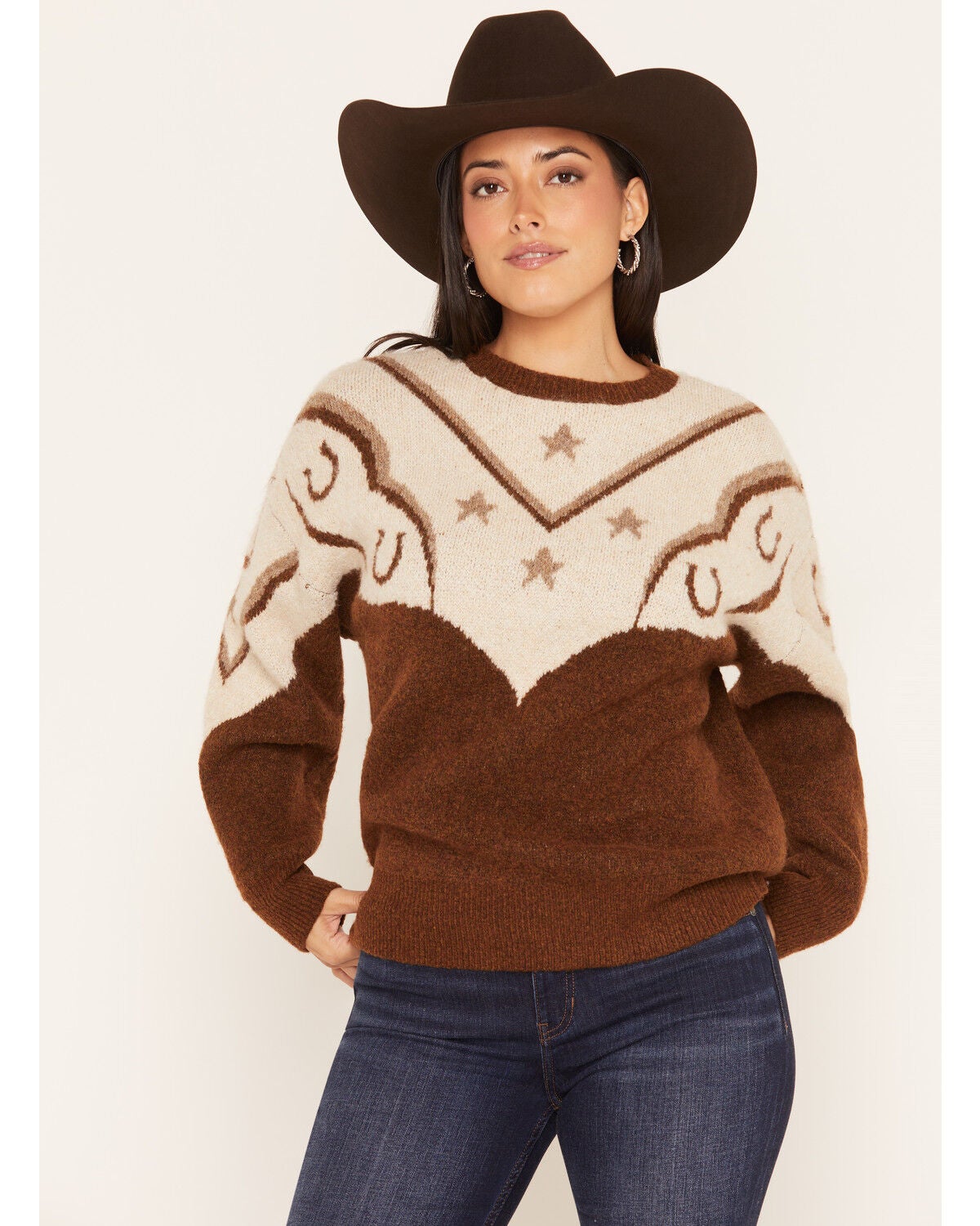 Panhandle Slim Women's Conversational Yoke Sweater, Brown, hi-res