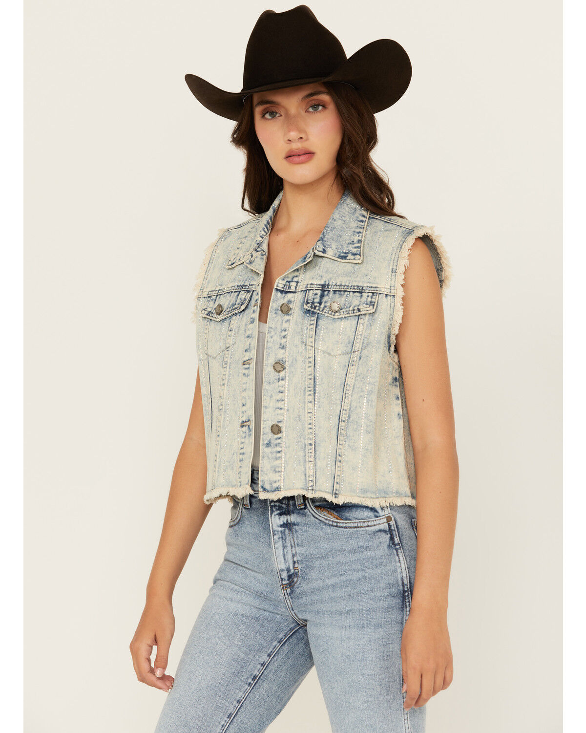 Image #1 - Veveret Women's Light Wash Denim Rhinestone Vest, Light Wash, hi-res
