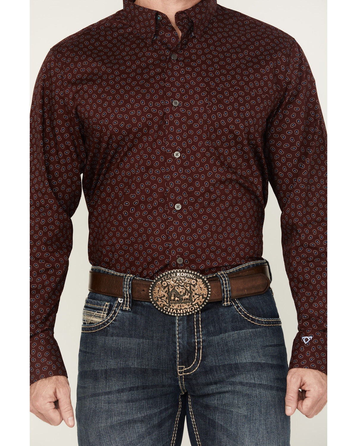 Image #3 - Wrangler X Cody Johnson Men's Paisley Print Long Sleeve Button-Down Western Shirt, Burgundy, hi-res