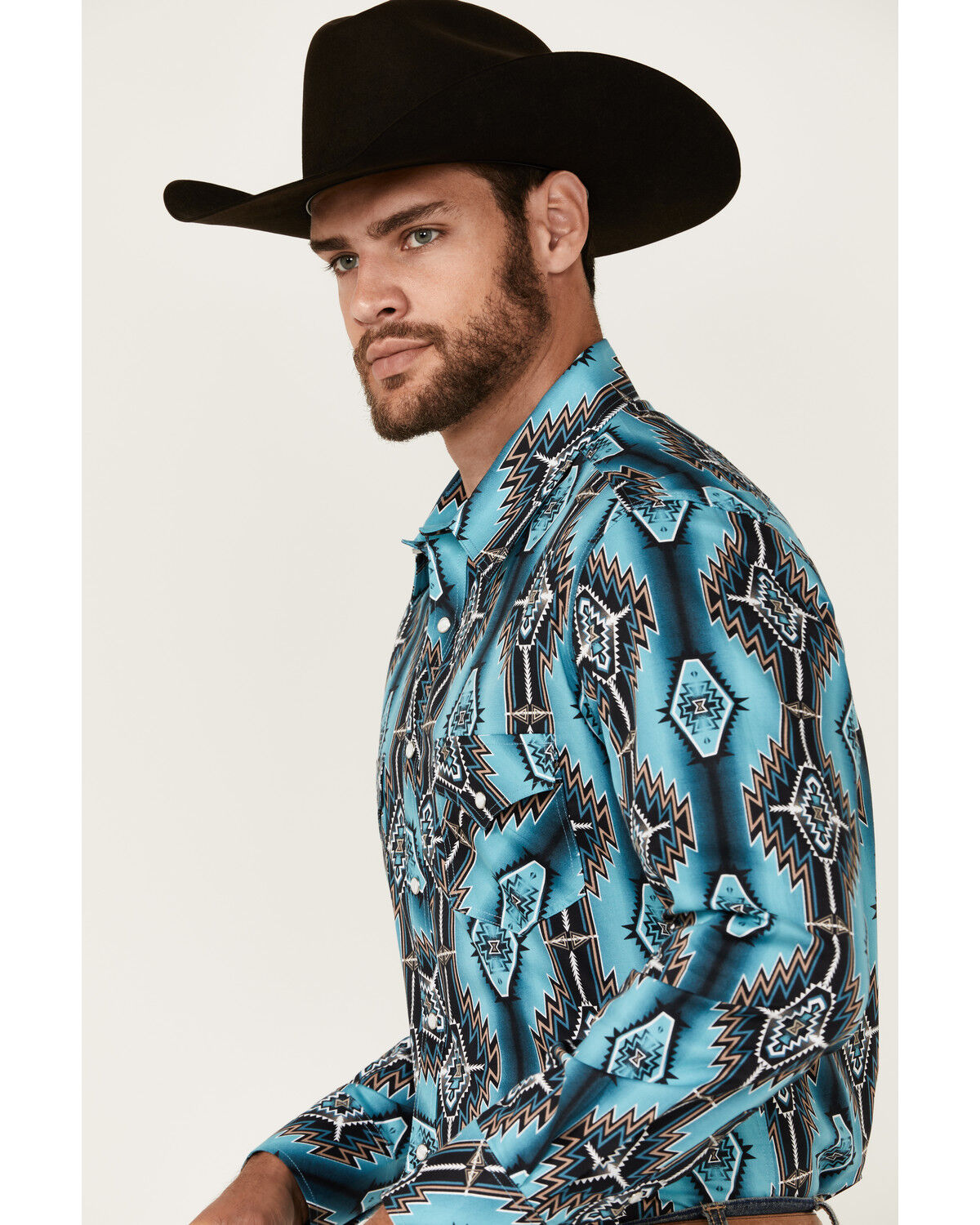 Image #2 - Rock & Roll Denim Men's Southwestern Print Long Sleeve Snap Stretch Western Shirt, Teal, hi-res