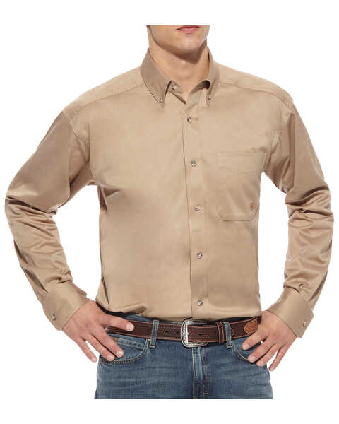 Ariat Men's Solid Khaki Twill Long Sleeve Western Shirt - Big & Tall, Khaki, hi-res