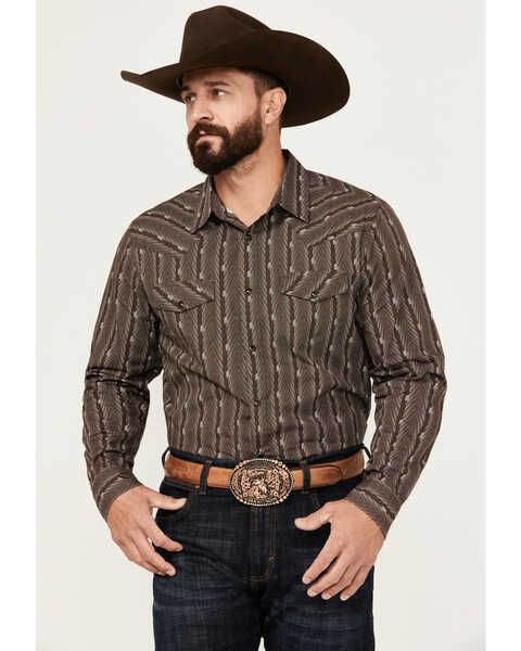Image #1 - Gibson Trading Co Men's Bow Striped Print Long Sleeve Snap Western Shirt, Burgundy, hi-res