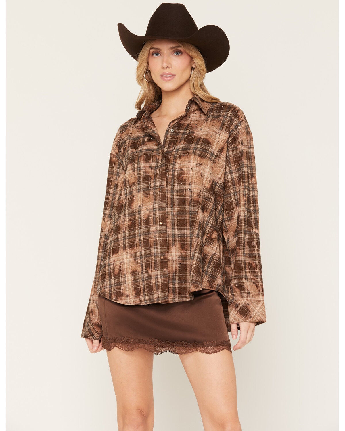 Cleo + Wolf Women's Rhinestone Distressed Plaid Print Long Sleeve Pearl Snap Flannel Shirt, Brown, hi-res