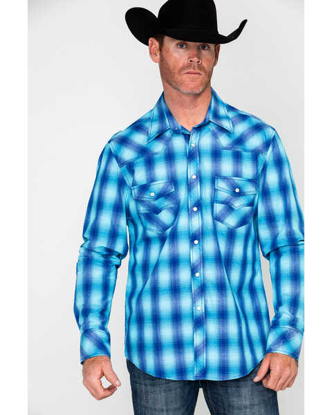 Image #1 - Rock & Roll Denim Men's Crinkle Washed Yarn Dye Plaid Long Sleeve Western Shirt , Blue, hi-res