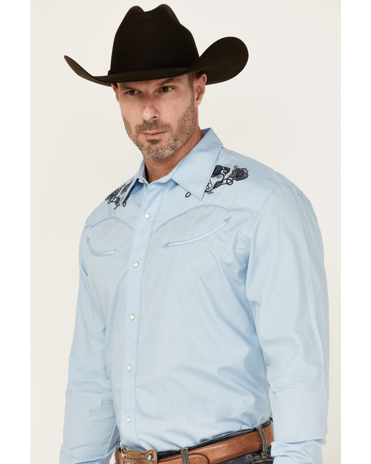 Image #2 - Wrangler Men's Floral Embroidered Long Sleeve Snap Western Shirt, Light Blue, hi-res