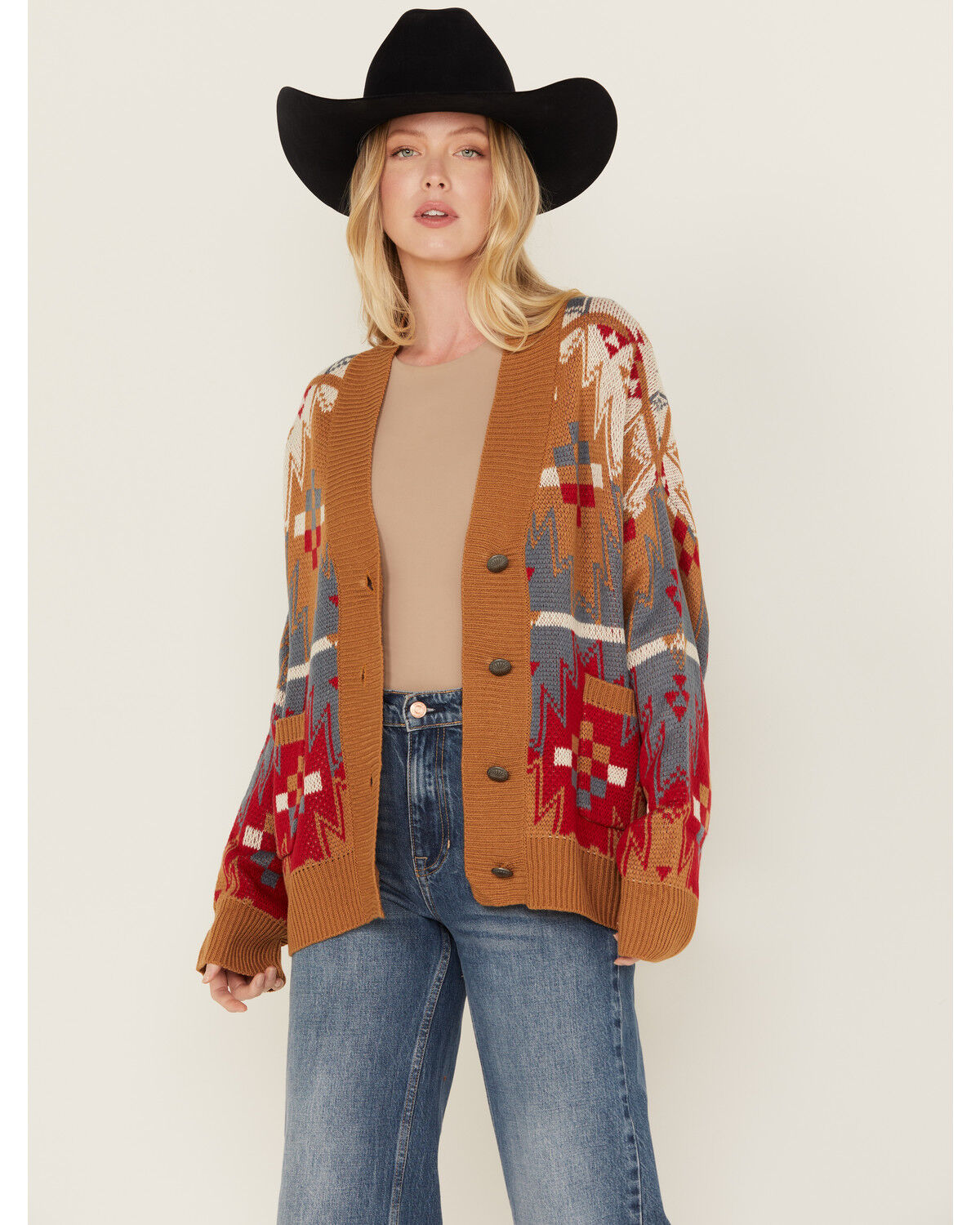 Image #1 - Wrangler Women's Southwestern Print Boyfriend Cardigan, Chocolate, hi-res
