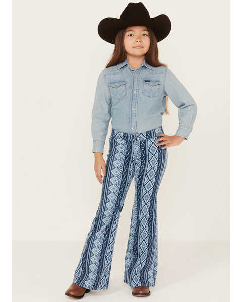 Rock & Roll Denim Girls' Medium Wash Southwestern Print Bargain Button Stretch Flare Jeans , Medium Wash, hi-res