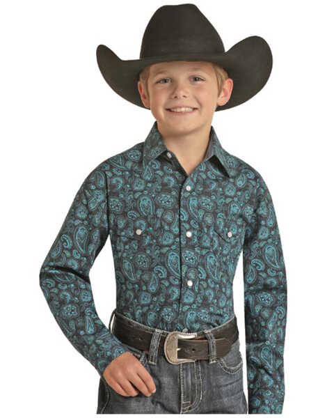 Panhandle Boys' Paisley Print Long Sleeve Snap Western Shirt, Navy, hi-res