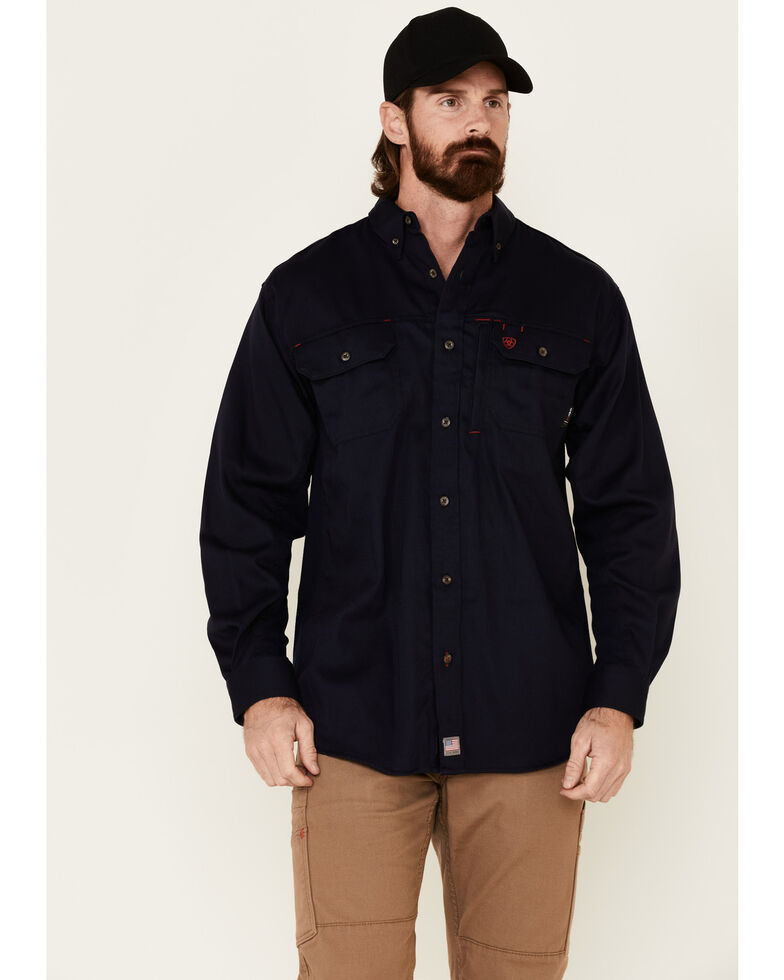 Ariat Men's Navy FR Solid Vent Long Sleeve Work Shirt , Navy, hi-res