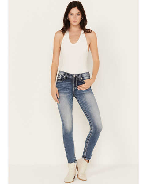 Image #3 - Miss Me Women's Medium Wash Mid Rise Downward Wing Skinny Jeans, , hi-res