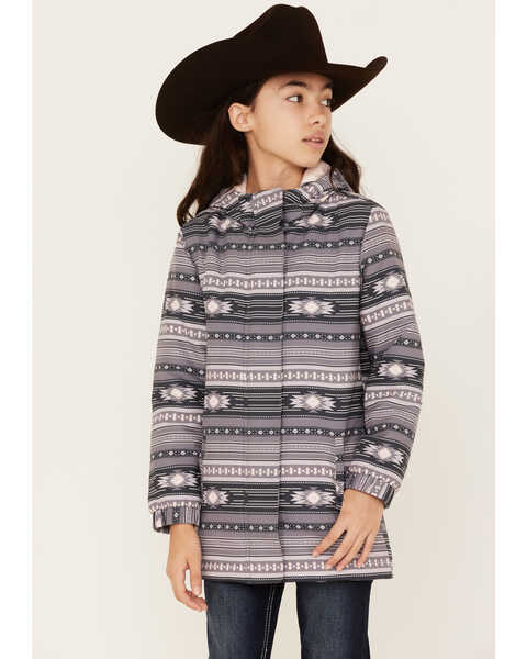Image #1 - Cruel Girl Girls' Southwestern Stripe Softshell Hooded Jacket, Grey, hi-res